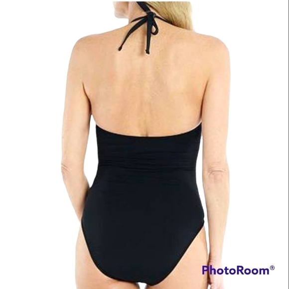 Mynah Black Backless High Halter Keyhole Neckline Full Body Swimsuit 24W NWT - Picture 2 of 7